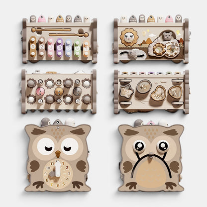 Petit Éveil Montessori : jouet sensoriel hibou avec horloge, xylophone, engrenages et formes à encastrer pour bébé.