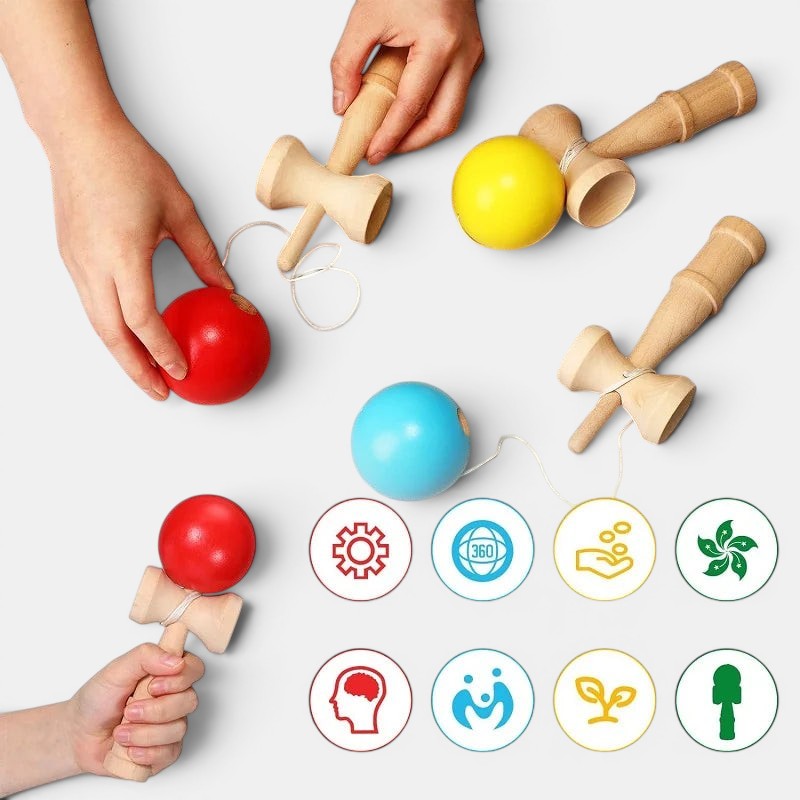 Petit Éveil Montessori, jouet en bois de jonglerie avec balles rouge, bleue et jaune, pour développer la coordination.