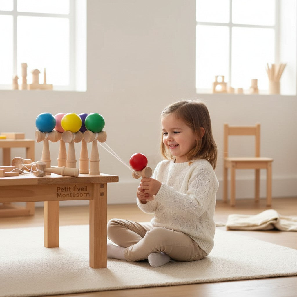 Petit Éveil Montessori jouet en bois de jonglerie balles colorées pour développer la coordination main-œil des enfants.