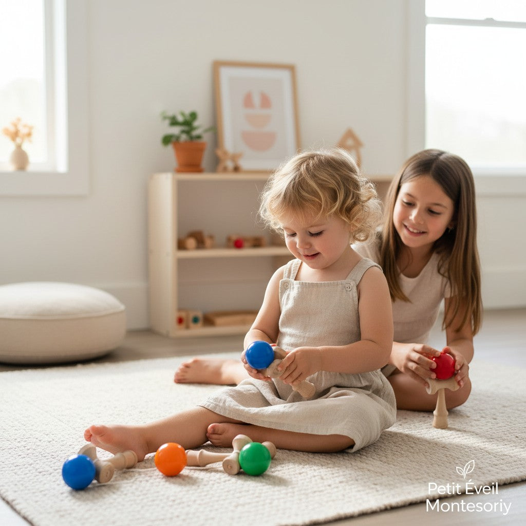 Petit Éveil Montessori : jouet en bois de jonglerie avec balles bleues, vertes, roses, oranges et rouges.