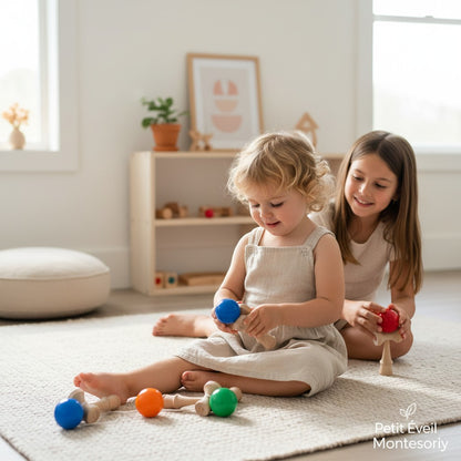 Petit Éveil Montessori : jouet en bois de jonglerie avec balles bleues, vertes, roses, oranges et rouges.