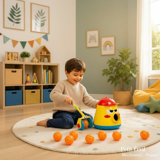 Petit Éveil Montessori : un garçon joue avec un jouet lance-balles jaune et bleu avec un chapeau rouge, entouré de balles orange.