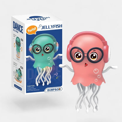 Jouet méduse dansante Petit Éveil Montessori rose avec écouteurs et lunettes, tentacules blancs, lumières LED