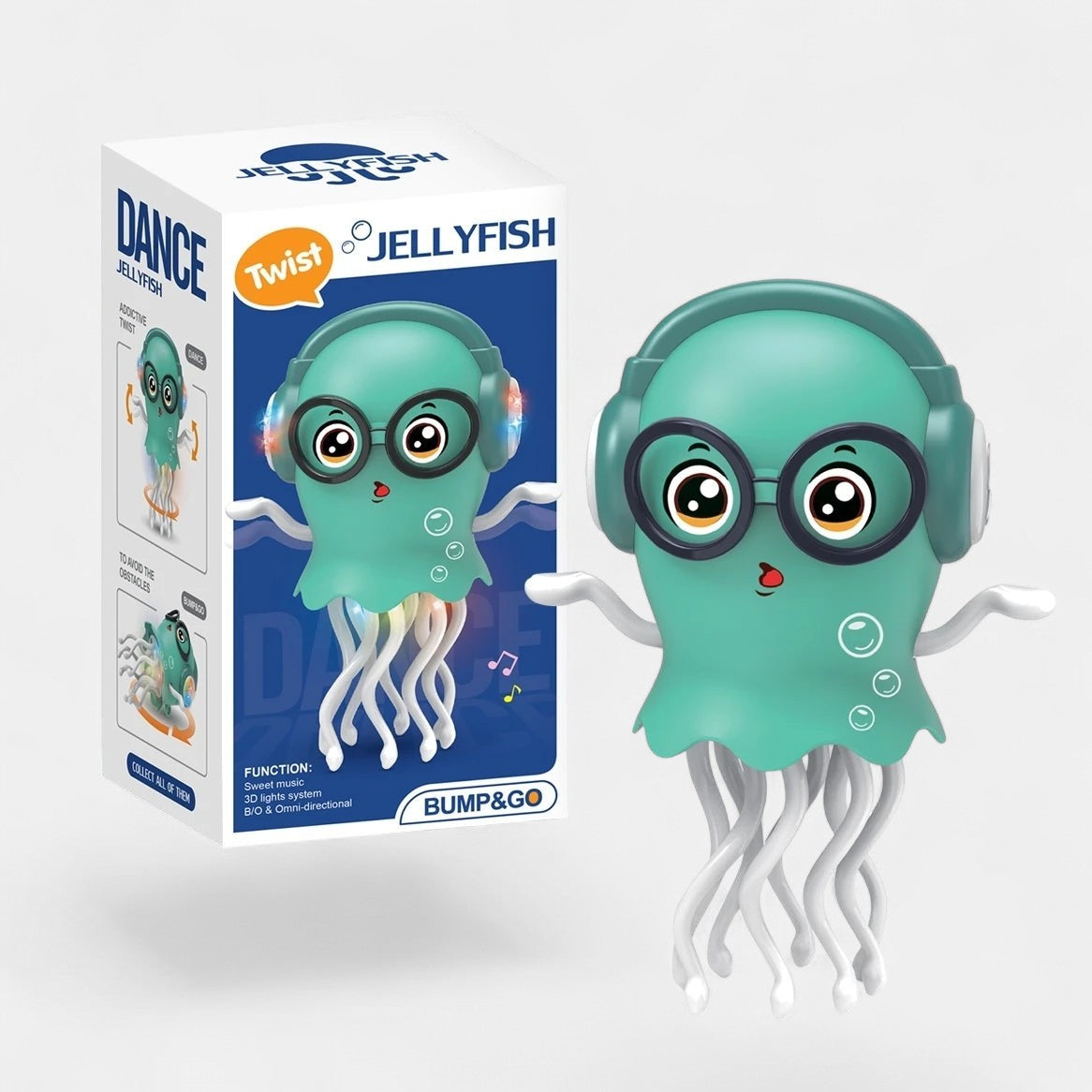 Jouet méduse dansante Petit Éveil Montessori, turquoise, avec lunettes et casque, tentacules blancs, lumières LED, idéal pour l'éveil sensoriel.
