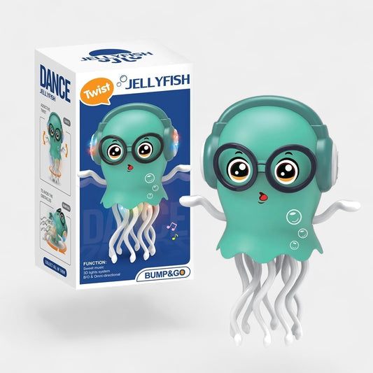 Jouet méduse dansante Petit Éveil Montessori, turquoise, avec lunettes et casque, tentacules blancs, lumières LED, idéal pour l'éveil sensoriel.