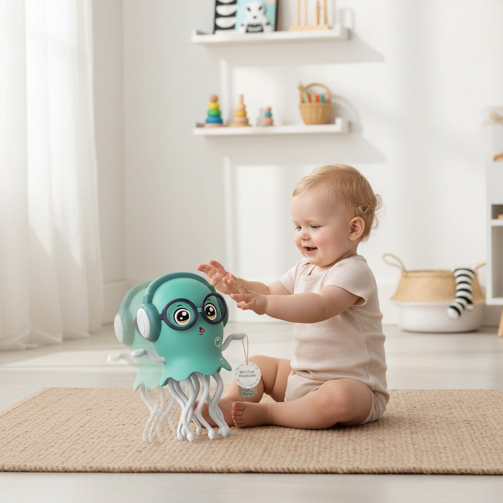 Jouet méduse dansante Petit Éveil Montessori, turquoise, avec lunettes et écouteurs, tentacules blancs rotatifs.