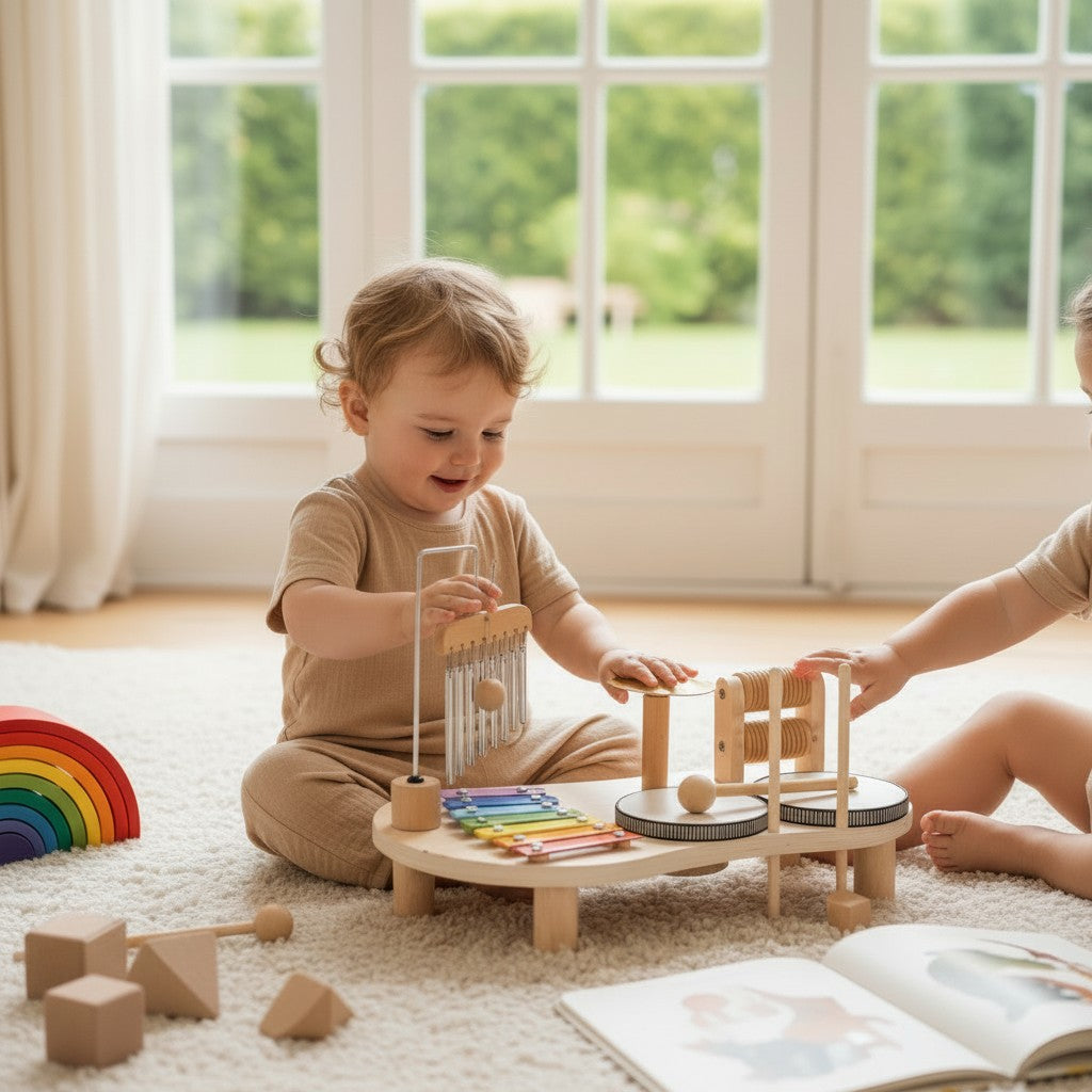 Petit Éveil Montessori : Bébé jouant avec un xylophone en bois et un carillon, jouets musicaux éducatifs.