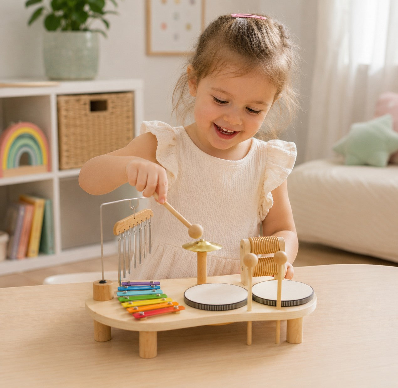 Petit Éveil Montessori : enfant jouant avec un xylophone, des tambours et un carillon en bois.