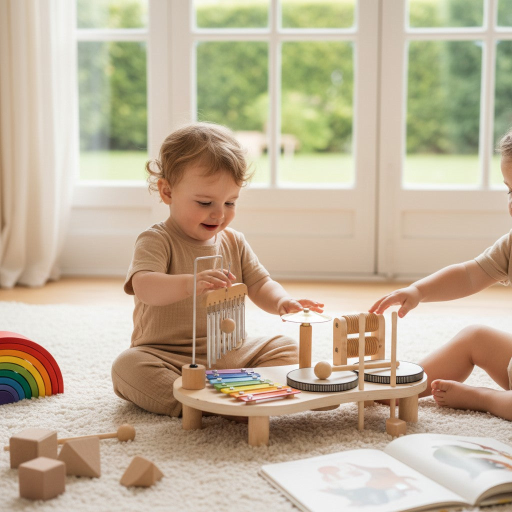 Petit Éveil Montessori : jouet musical en bois avec xylophone coloré, cymbales, tambour et carillon.