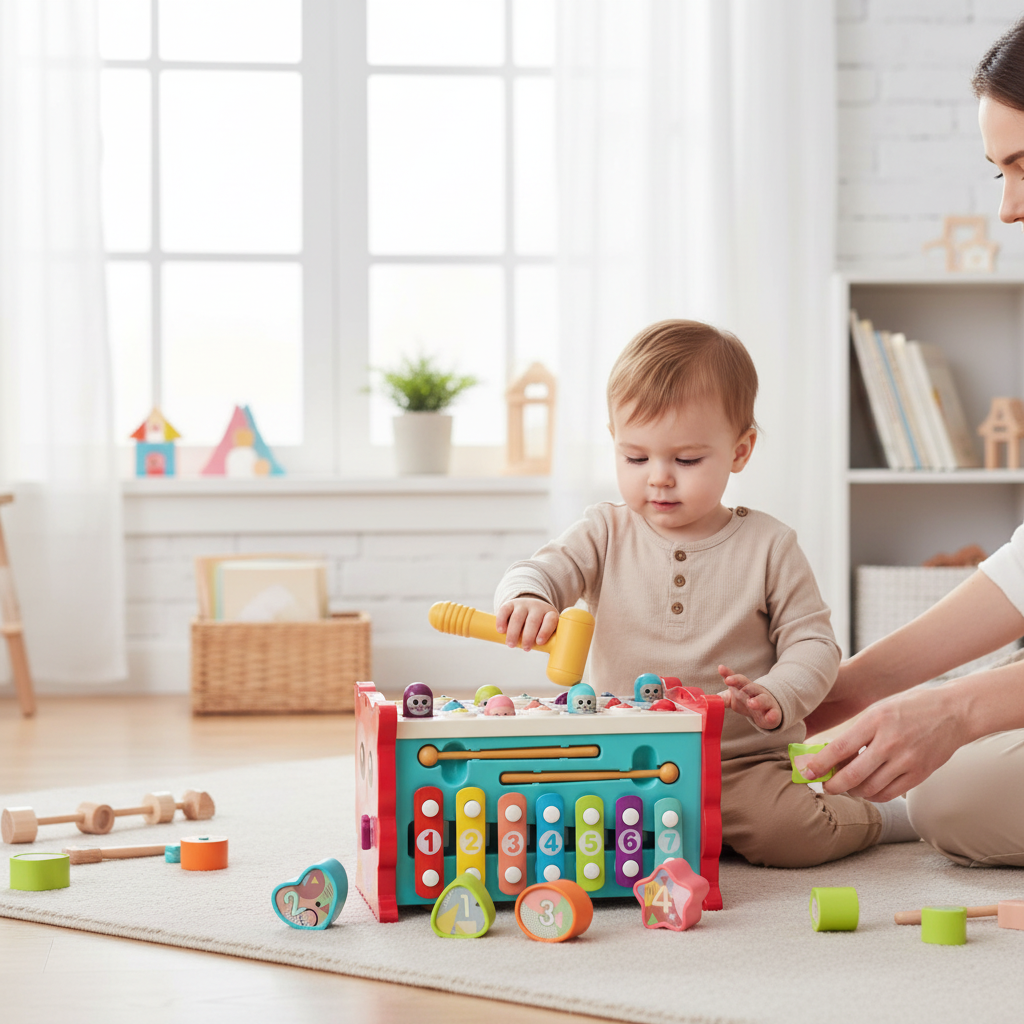 Enfant jouant avec le jouet Montessori Petit Éveil Montessori, un banc à marteler musical en bois coloré.