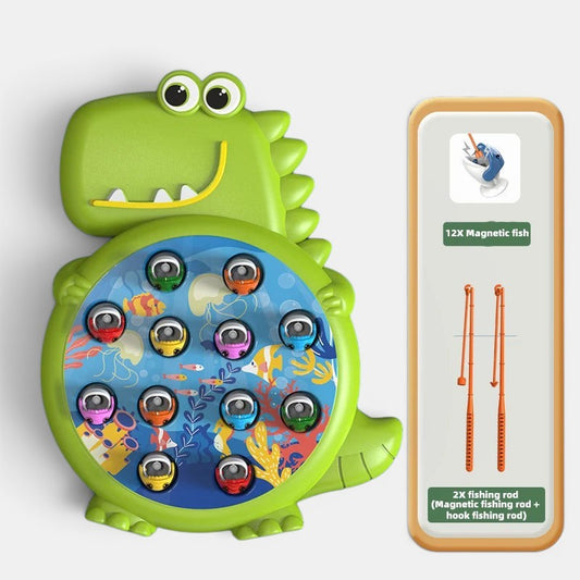 Petit Éveil Montessori jouet de pêche magnétique en forme de dinosaure vert avec 12 poissons colorés et 2 cannes à pêche.
