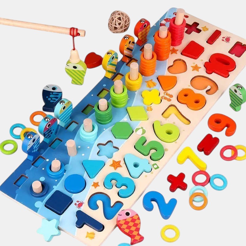 Petit Éveil Montessori jouet de pêche magnétique en bois avec chiffres, formes et poissons colorés pour l'apprentissage des mathématiques.