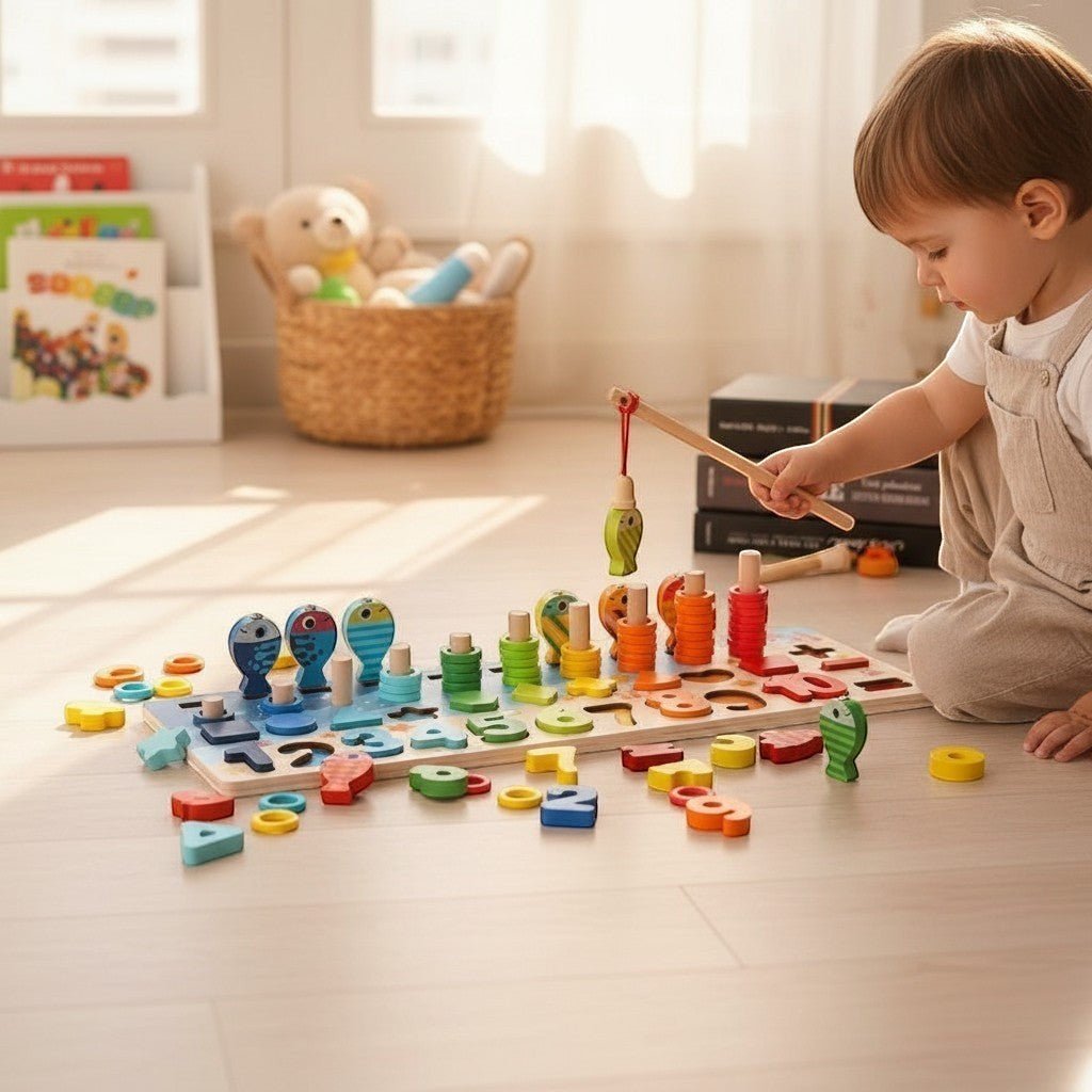Jouet Montessori Pêche Magnétique Petit Éveil Montessori en bois, multicolore, avec chiffres, formes et poissons.