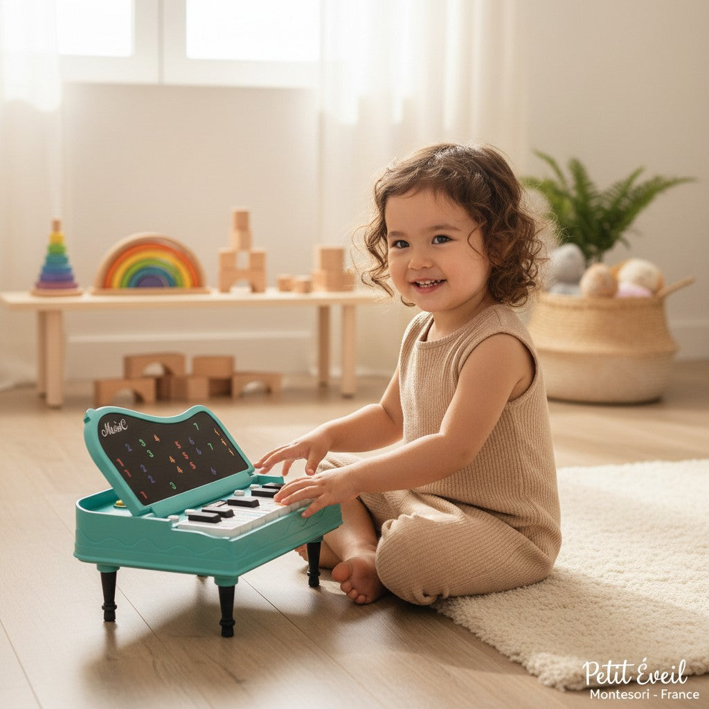 Petit Éveil Montessori : Jouet piano d'éveil musical éducatif pour enfants, 7 modes, idéal pour la motricité et la créativité.