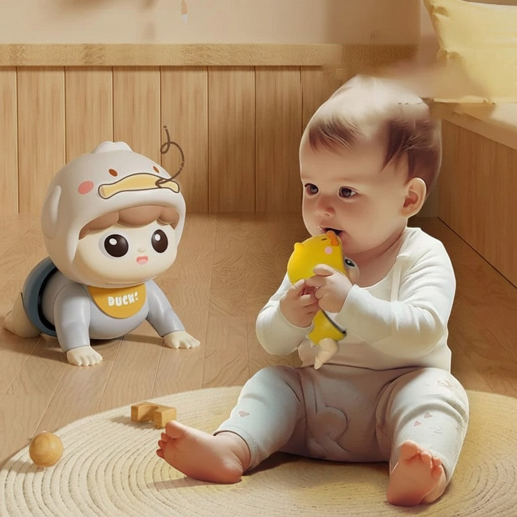 Petit Éveil Montessori Poupée rampante musicale avec bébé jouant, encourage l'exploration et la motricité.