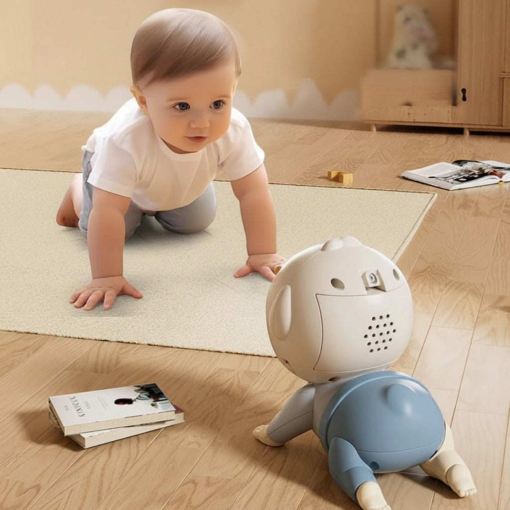 Petit Éveil Montessori, jouet rampant musical interactif pour bébé, encourage l'exploration et la motricité, blanc et bleu.