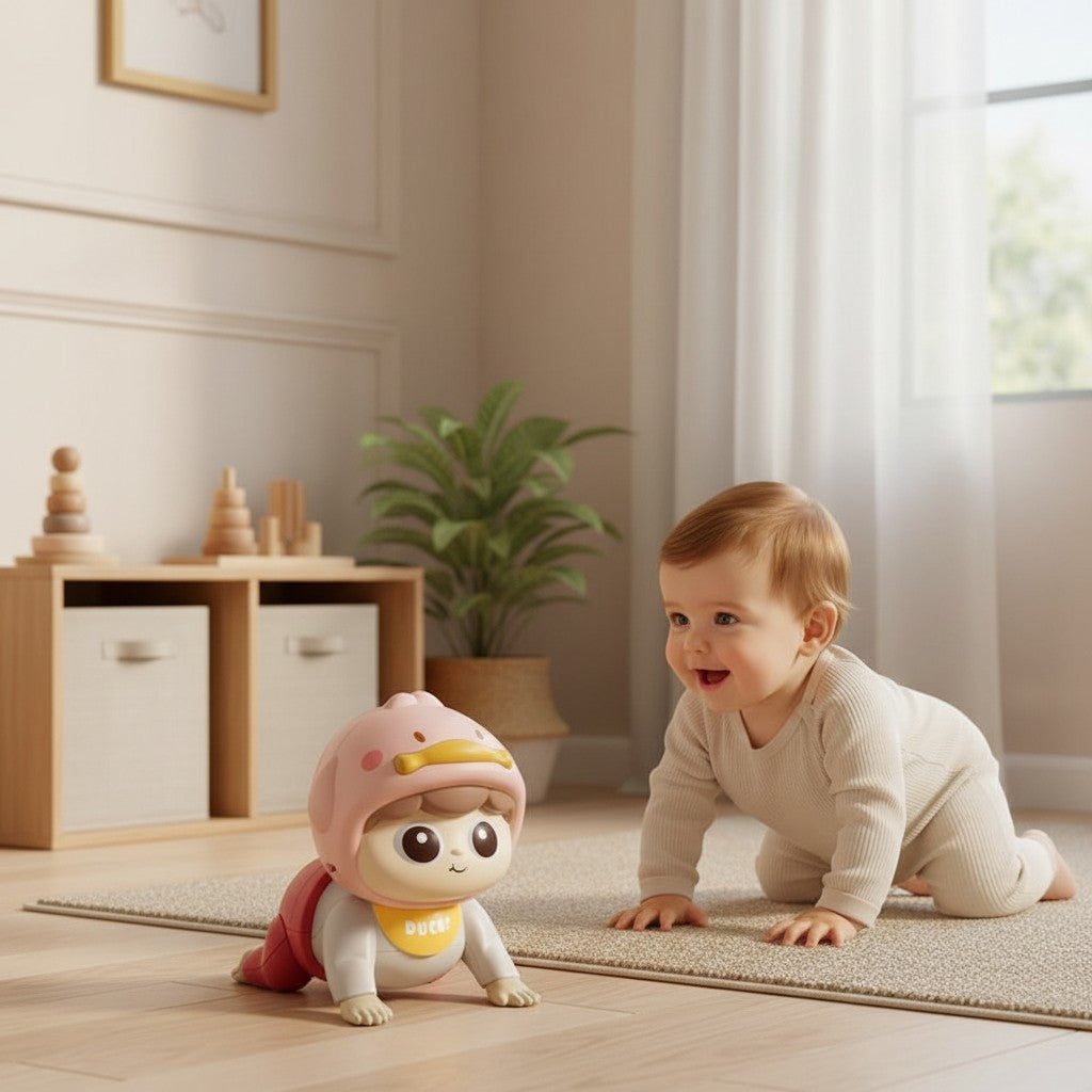 Petit Éveil Montessori Poupée rampante musicale interactive avec un bébé qui rampe derrière elle. Rose et jaune.
