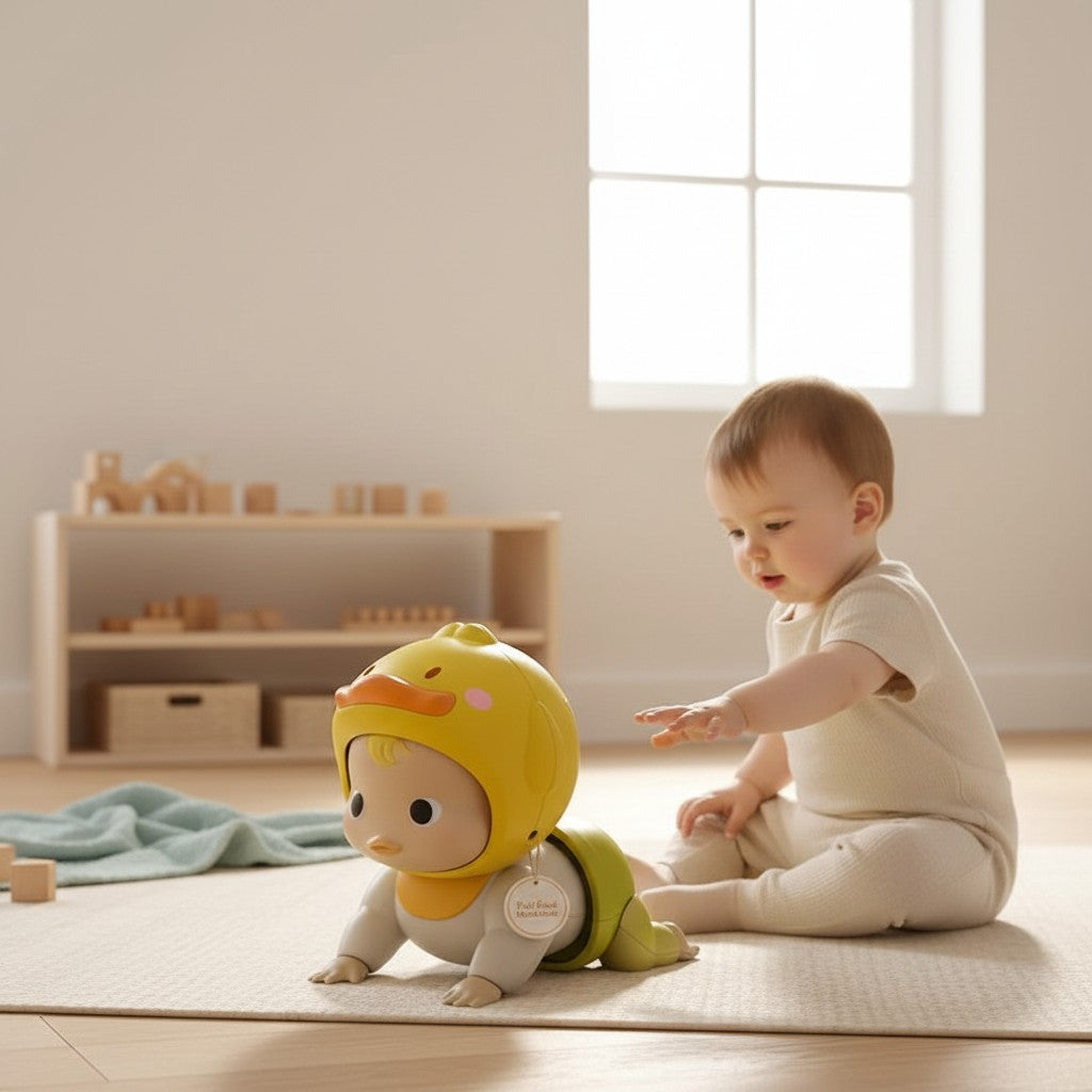 Petit Éveil Montessori jouet rampant musical jaune en forme de poussin, avec capteurs pour encourager bébé à ramper.