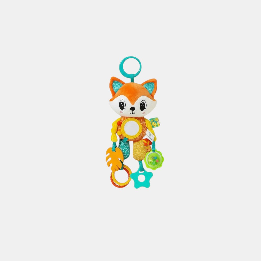 Jouet sensoriel Petit Éveil Montessori en forme de renard orange avec des textures variées et des anneaux à mordiller.