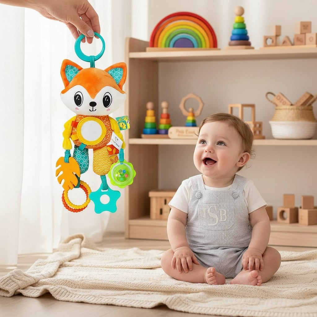 Jouet sensoriel Petit Éveil Montessori en peluche renard orange avec anneaux, hochet et miroir pour bébé.