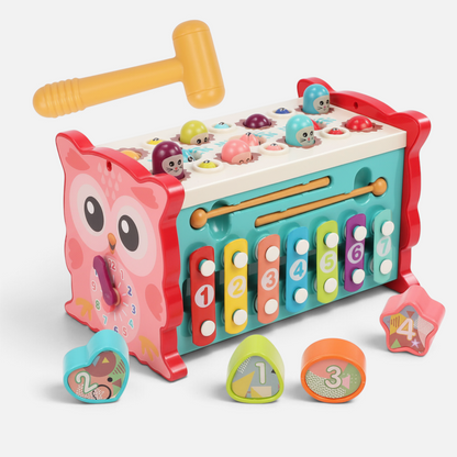 Jouet sensoriel Petit Éveil Montessori en forme de hibou avec xylophone, marteau et formes géométriques colorées
