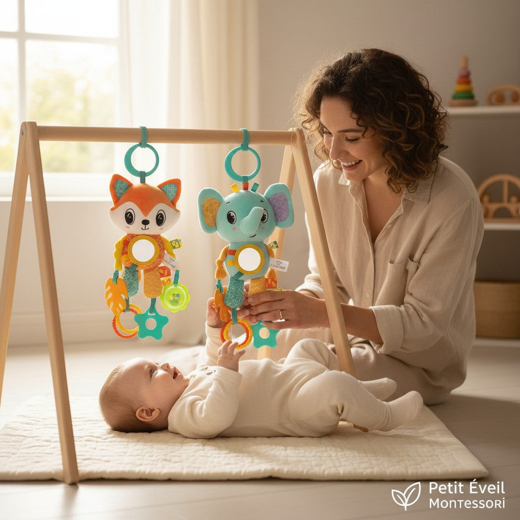 Jouet sensoriel Montessori Petit Éveil Montessori : renard orange et éléphant bleu avec miroir, anneaux et hochet.