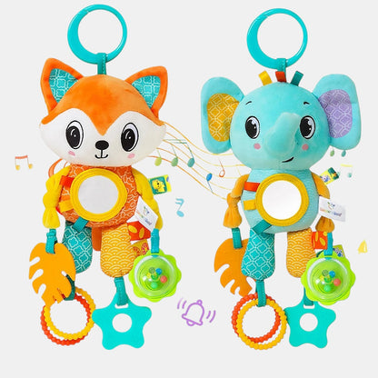 Petit Éveil Montessori, jouet sensoriel en peluche avec renard orange et éléphant bleu, miroir, anneaux et hochet.