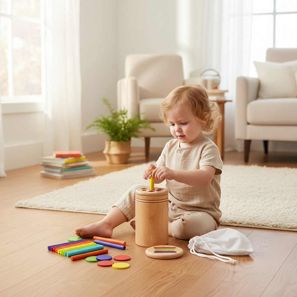 Petit Éveil Montessori, jouet de tri des couleurs en bois avec un enfant jouant.
