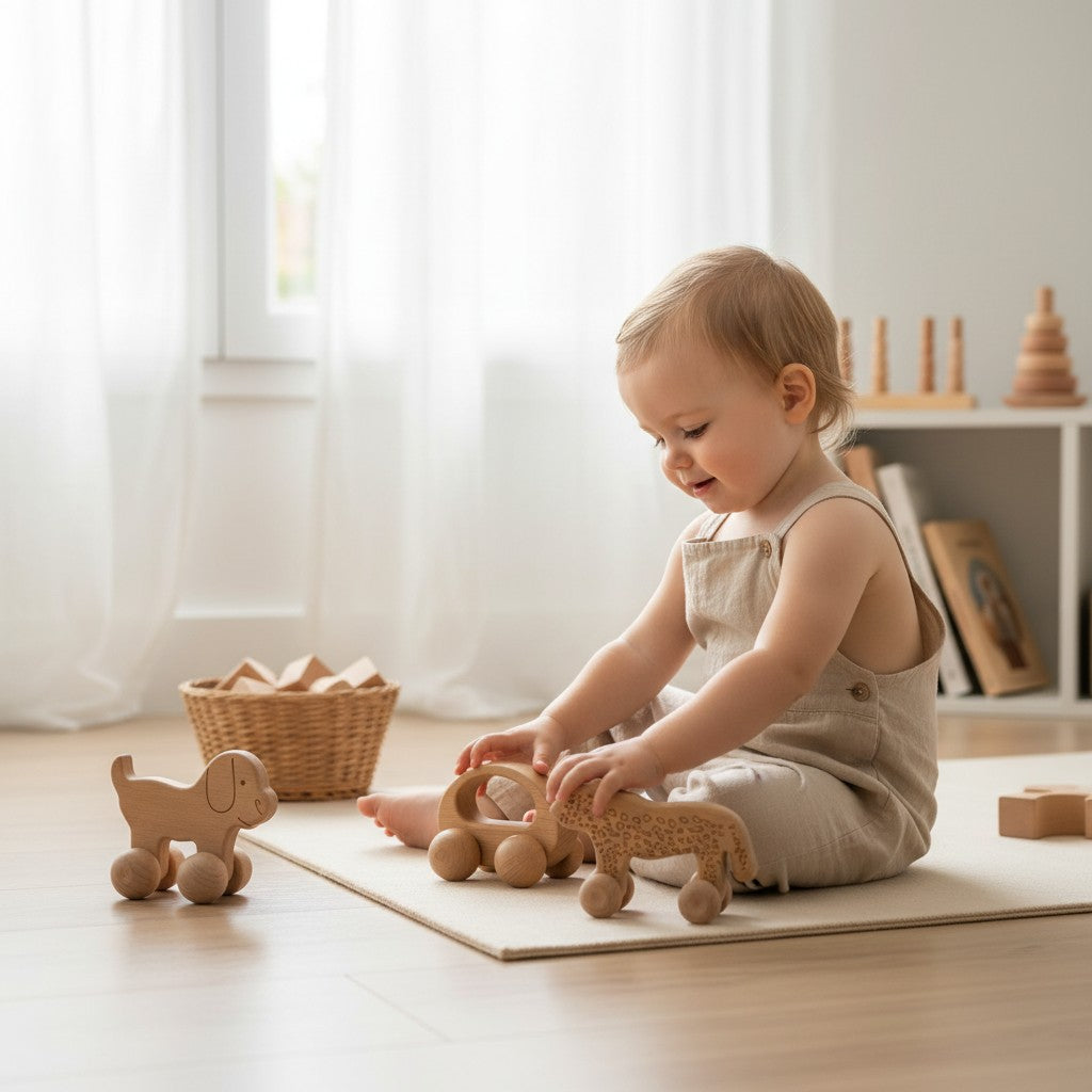 Petit Éveil Montessori : lot de 5 jouets en bois naturel, voiture, éléphant, chien, léopard, pour le développement de l'enfant.