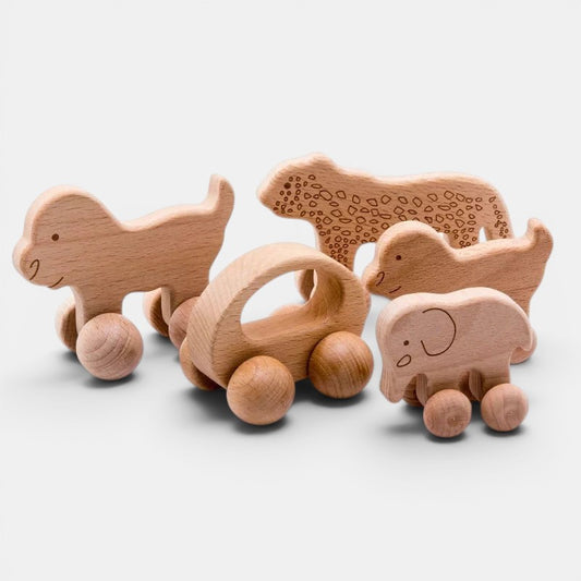 Petit Éveil Montessori : lot de 5 jouets en bois naturel, voiture, éléphant, chien, léopard, pour l'éveil des tout-petits.