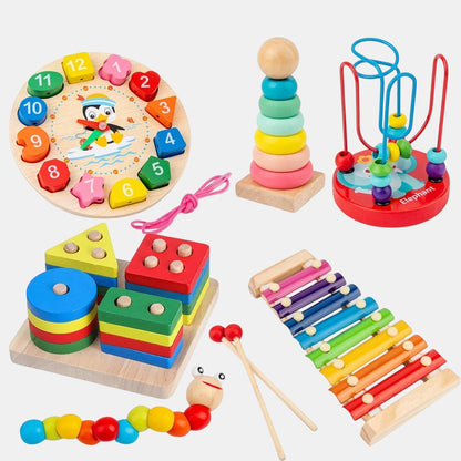 Ensemble de jouets Montessori en bois de Petit Éveil Montessori : horloge, empilement, tri de formes, xylophone, chenille.