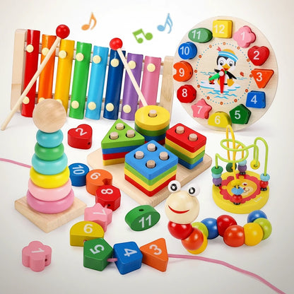 Petit Éveil Montessori : ensemble de jouets éducatifs en bois colorés pour bébés, xylophone, horloge, empilement, tri de formes, chenille à enfiler.