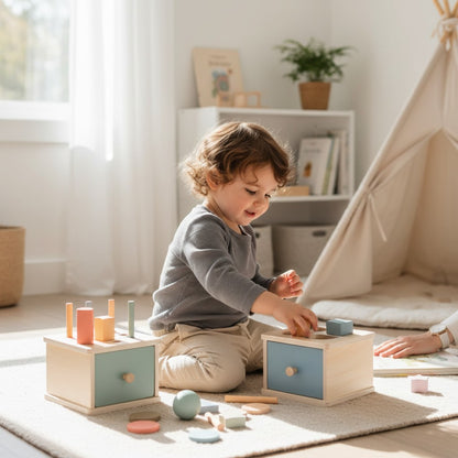 Petit Éveil Montessori : jouets en bois de tri de formes et couleurs, éducatifs pour enfants.