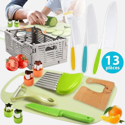 Petit Éveil Montessori 13-piece green kids cooking set with safety knives, cutting board, and vegetable cutters