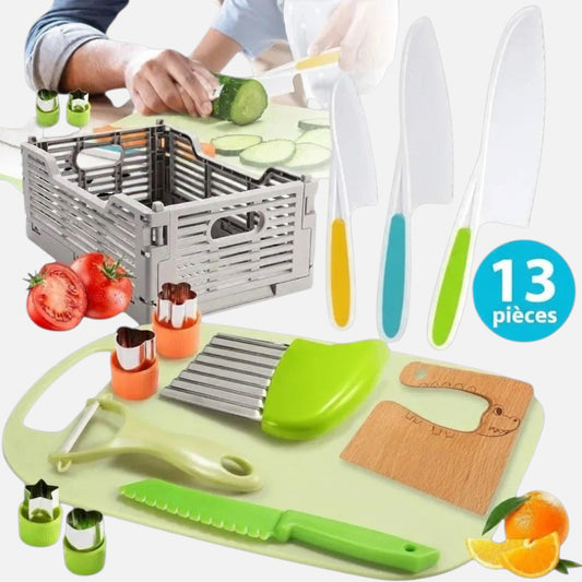Petit Éveil Montessori 13-piece green kids cooking set with safety knives, cutting board, and vegetable cutters