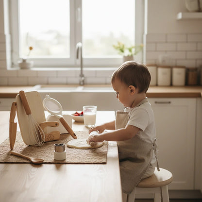 Petit Éveil Montessori : enfant en tablier utilisant un rouleau à pâtisserie en bois sur de la pâte, avec des ustensiles de cuisine.