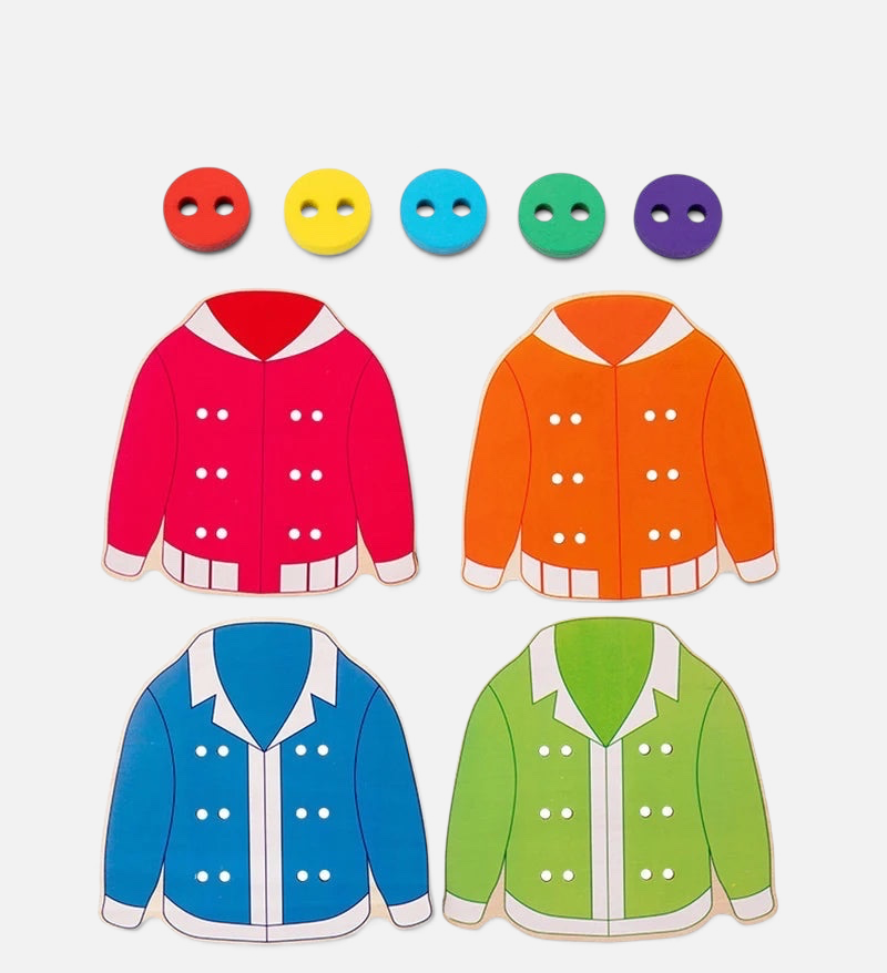 Kit Montessori Petit Éveil Montessori avec quatre planches en bois colorées en forme de veste et boutons assortis.