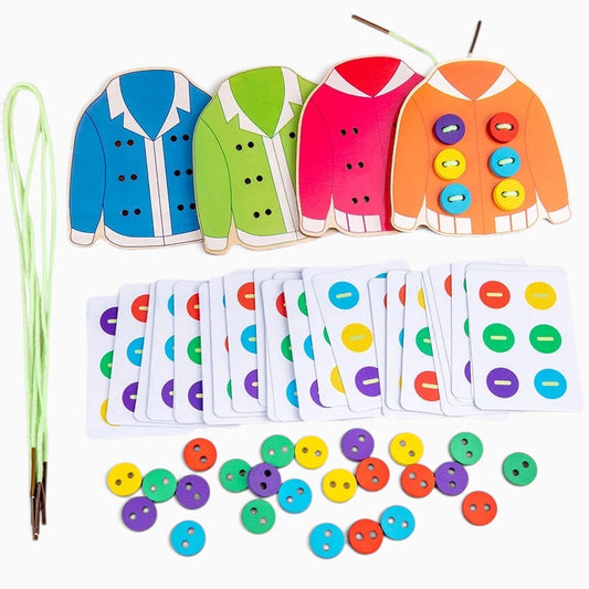 Kit Montessori Petit Éveil Montessori avec planches vêtements, boutons colorés et cartes pour apprendre le laçage