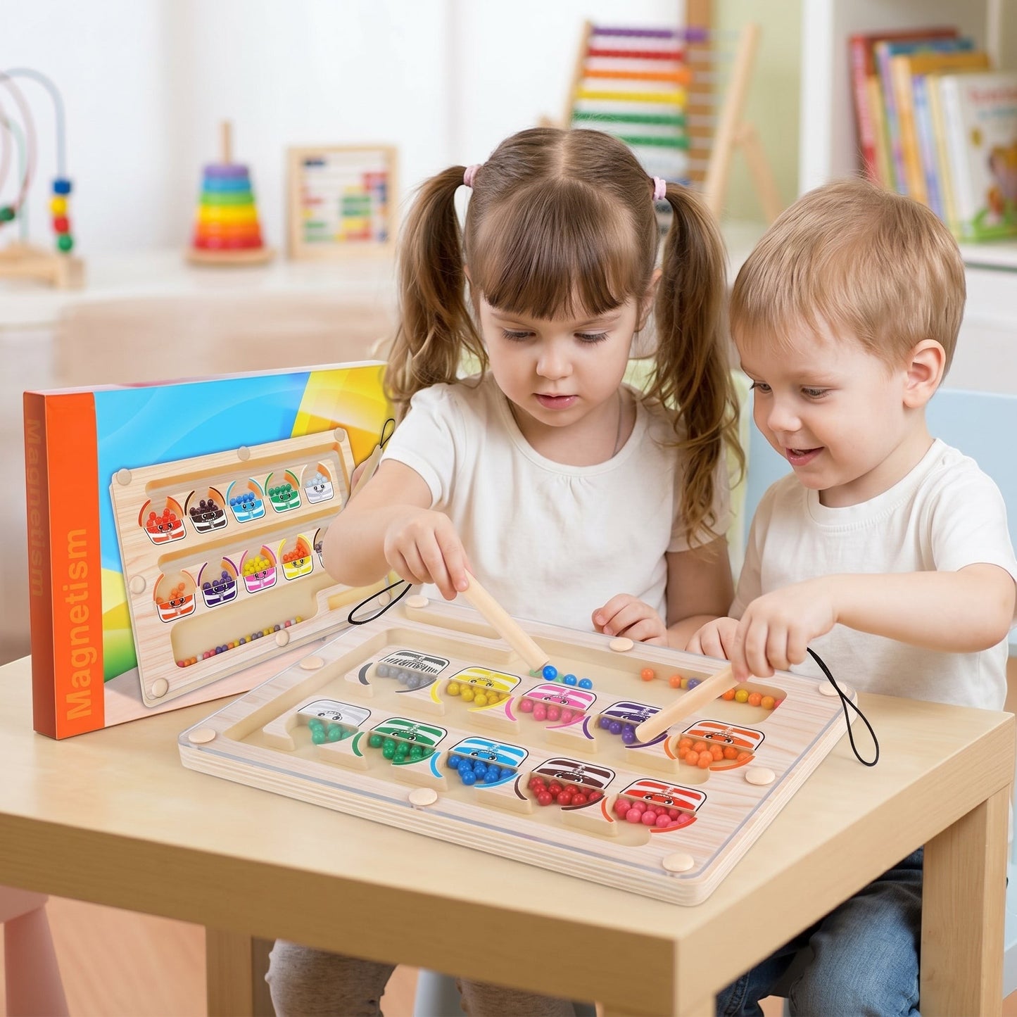 Petit Éveil Montessori Labyrinthe Magnétique de Tri des Couleurs en bois, jeu éducatif pour enfants