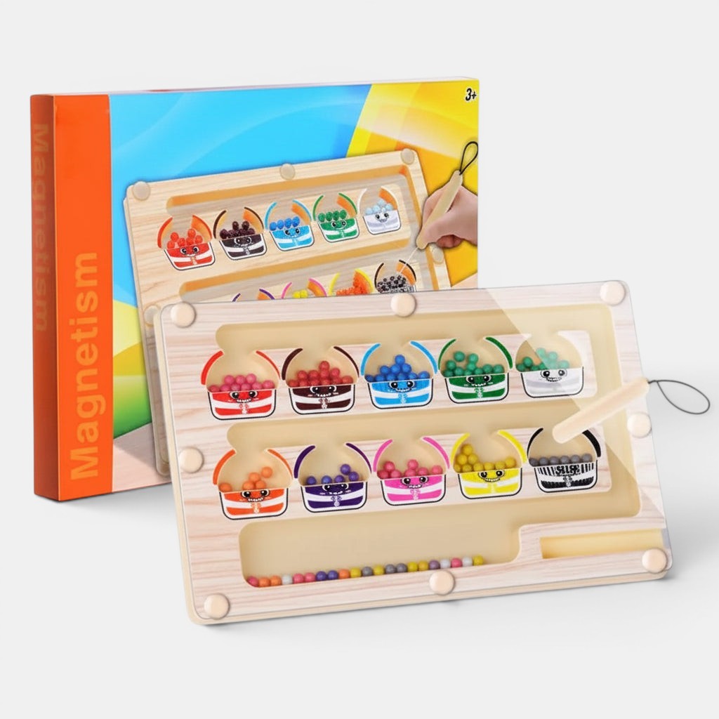Petit Éveil Montessori Labyrinthe magnétique en bois pour tri des couleurs, jeu éducatif pour enfants dès 3 ans.
