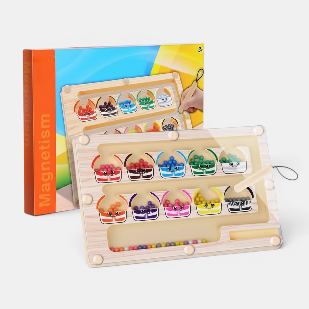 Petit Éveil Montessori Labyrinthe magnétique en bois pour tri de couleurs, jeu éducatif pour enfants 3 ans et plus.