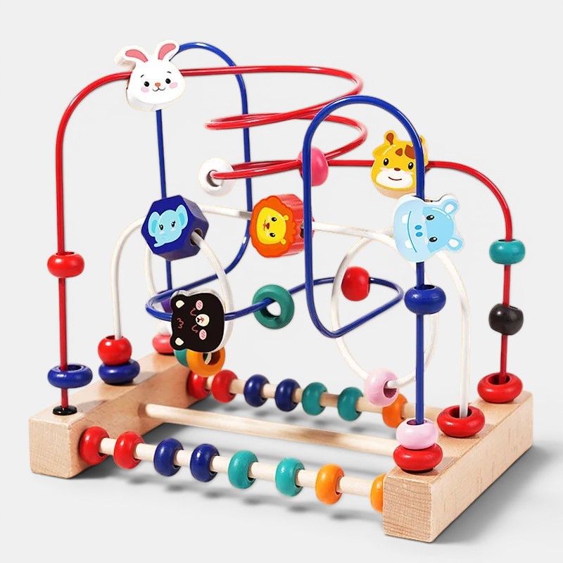 Labyrinthe de perles en bois Petit Éveil Montessori avec animaux colorés pour motricité fine et apprentissage.
