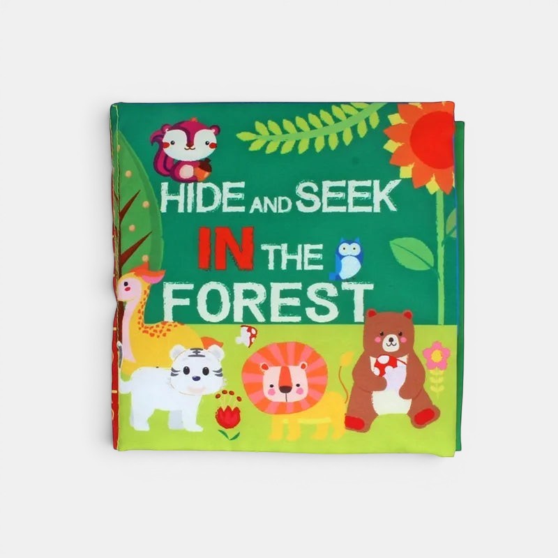 Livre d'activités en tissu Petit Éveil Montessori "Hide and Seek in the Forest" avec animaux colorés pour bébé.