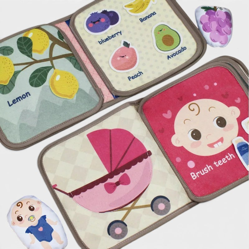 Livre Montessori Petit Éveil Montessori avec des pages illustrant des fruits (citron, myrtille, banane, avocat, pêche), une poussette et un bébé se brossant les dents.