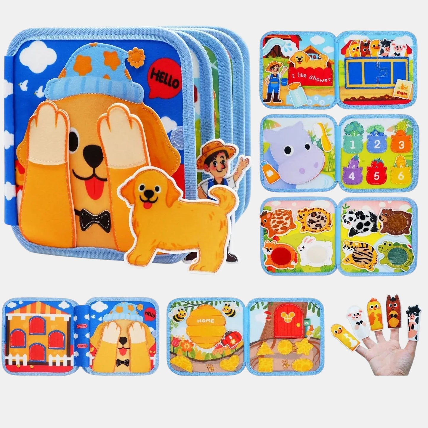 Livre d'activités Montessori Petit Éveil Montessori avec des animaux, des chiffres et des scènes interactives pour bébés.