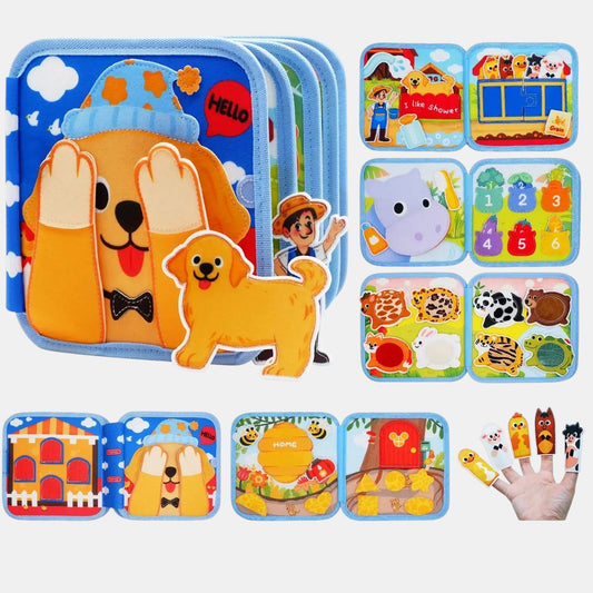 Livre d'activités Montessori Petit Éveil Montessori avec des animaux, des chiffres et des scènes interactives pour bébés.