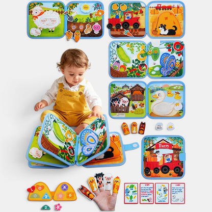 Livre d'activités Montessori Petit Éveil Montessori avec un bébé jouant, ferme, animaux, papillon, tracteur.