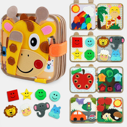 Livre d'activités Montessori en tissu pour bébé, avec girafe, formes, animaux et scène de nature. Idéal pour la motricité.
