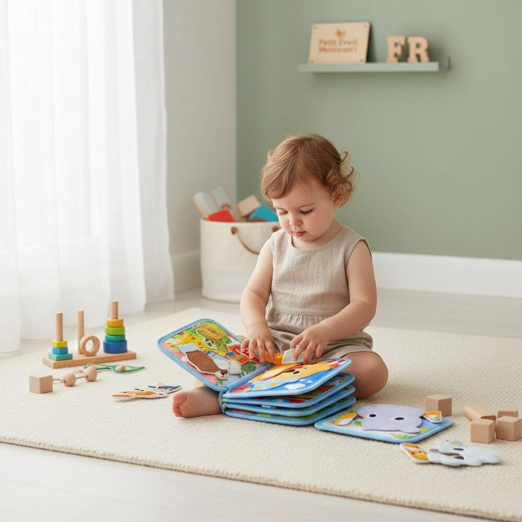 Livre d'activités Montessori Petit Éveil Montessori avec un chien, des animaux et des chiffres pour le développement de la motricité.