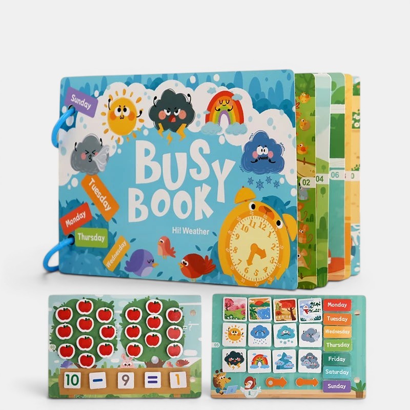Livre d'activités Montessori Petit Éveil Montessori, livre sensoriel pour enfants, apprentissage des jours et de la météo.